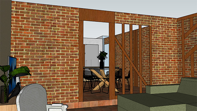 Image plan 3D de la vue du salon vers la salle à manger, rénovation maison en Dordogne.