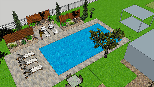Image plan 3D de la vue extérieur, présentant le projet de la piscine, pour la rénovation d'une maison en Dordogne.