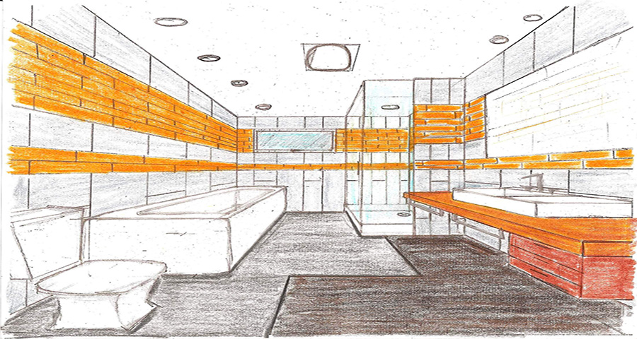 Dessin en 3D de la salle de bain d'une maison en Californie.