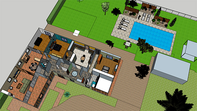 Image plan 3D de la vue d'ensemble intérieur et extérieur d'une maison à rénover en Dordogne.